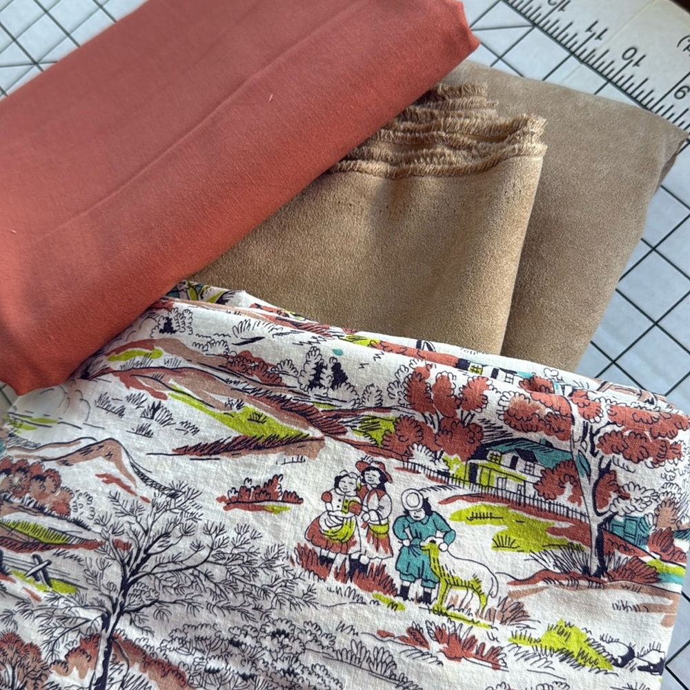 Lot of 3 Vintage Fabrics – Tan Faux Suede, Rust Cotton, Mid-Century Scenic Print